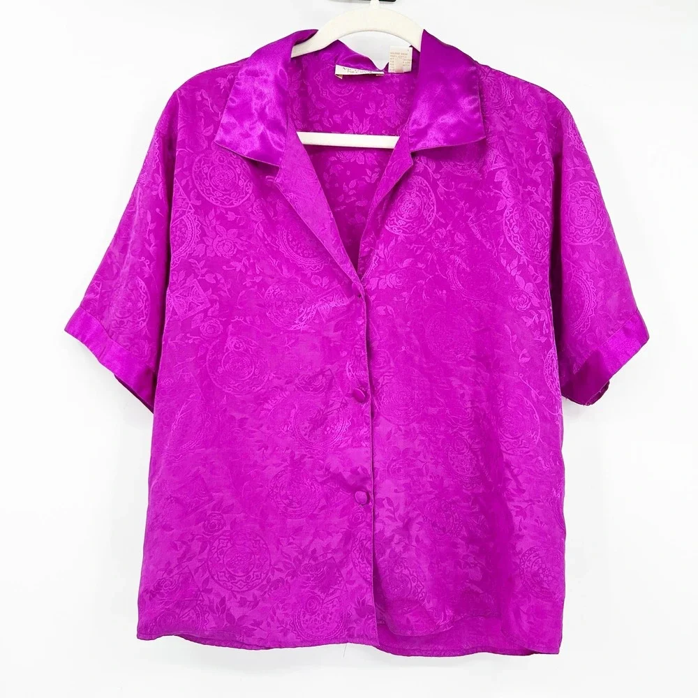 Victoria's Secret Womens Magenta Floral Damask Satin Gold Label Pajama Top S